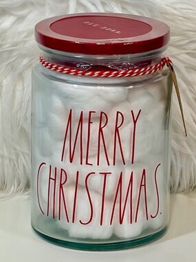 Rae Dunn NWT Merry Christmas Glass Jar with Cotton Balls Festive Holiday Decor
